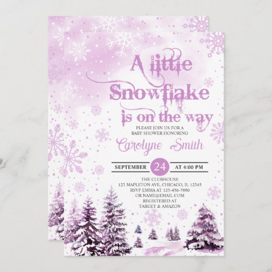 ピンク小さなスノーフレーク赤ちゃんシャワー招待状 招待状 (正面/裏面)