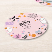 ピンク小さなブーかわいい幽霊ハロウィーン赤ちゃんシャワー ラウンドペーパーコースター (アングル)