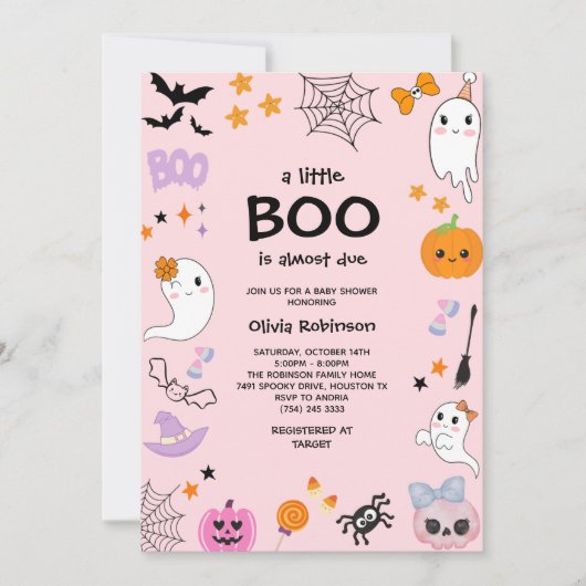 ピンク小さなブーかわいい幽霊ハロウィーン赤ちゃんシャワー 招待状 (正面)