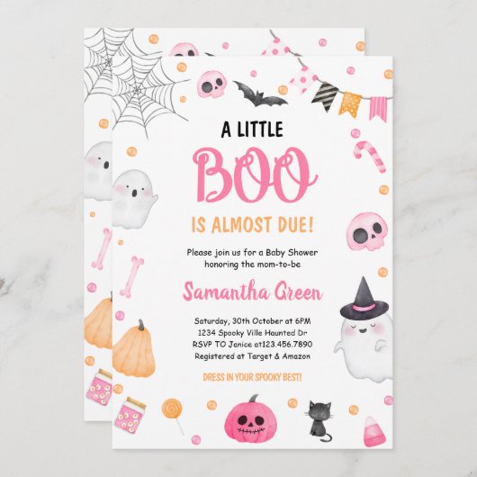 ピンク小さなブーブベビーシャワーハロウィーン招待状 招待状 (正面/裏面)