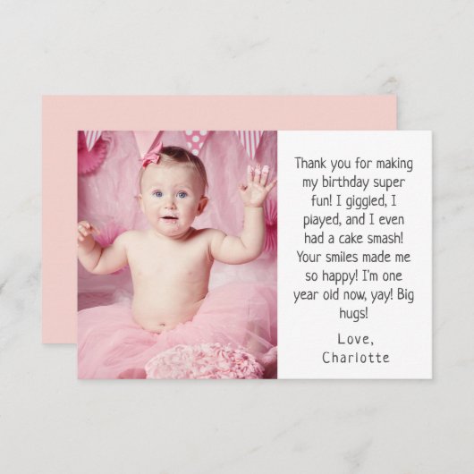 ピンク小さな女の子の1歳の誕生日ありがとう写真 サンキューカード (正面/裏面)