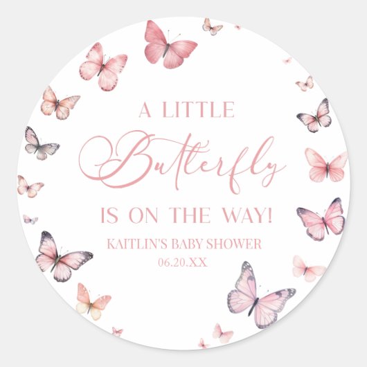 ピンク小さな蝶が赤ちゃんシャワーの途中にある ラウンドシール (正面)