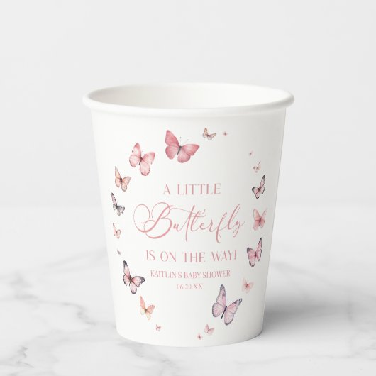 ピンク小さな蝶が赤ちゃんシャワーの途中にある 紙コップ (裏面)