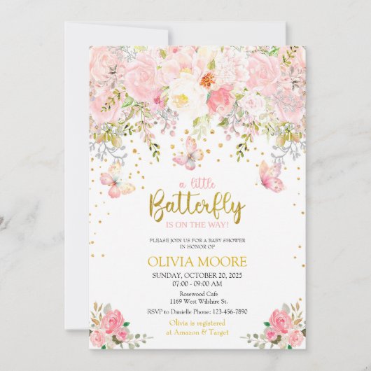 ピンク小さな蝶の赤ちゃんシャワーの招待状 招待状 (正面)