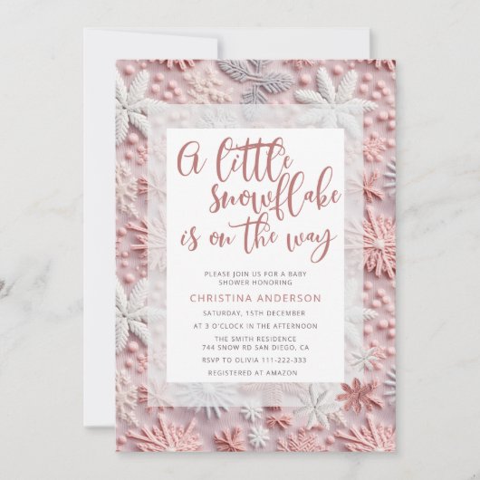 ピンク小さな雪の結晶が赤ちゃんシャワーの途中にある 招待状 (正面)