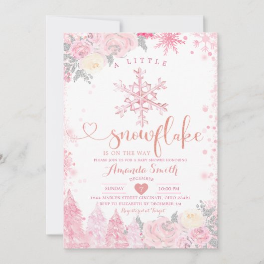 ピンク小さな雪の結晶の冬の赤ちゃんシャワーインビタット 招待状 (正面)