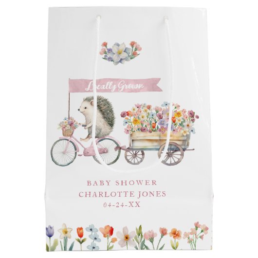 ピンク局所的に成長したハリネズミ赤ちゃんシャワー抱き枕 ミディアムペーパーバッグ (裏面)