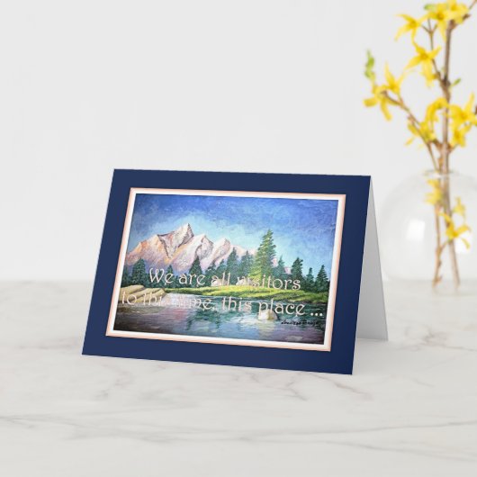 ピンク山の青く感動的な挨拶状 カード (黄色い花)