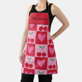 ピンク市松模様にさくらんぼ付きハート名前をカスタムする エプロン (インサイチュ)