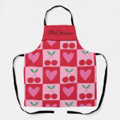 ピンク市松模様にさくらんぼ付きハート名前をカスタムする エプロン (正面)