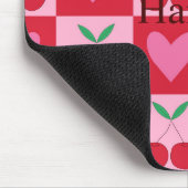 ピンク市松模様にさくらんぼ付きハート名前をカスタムする マウスパッド (コーナー)