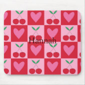 ピンク市松模様にさくらんぼ付きハート名前をカスタムする マウスパッド (正面)