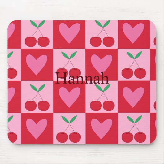 ピンク市松模様にさくらんぼ付きハート名前をカスタムする マウスパッド (正面)