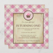 ピンク市松模様にとカップケーキ誕生日BBQ 招待状 (正面/裏面)