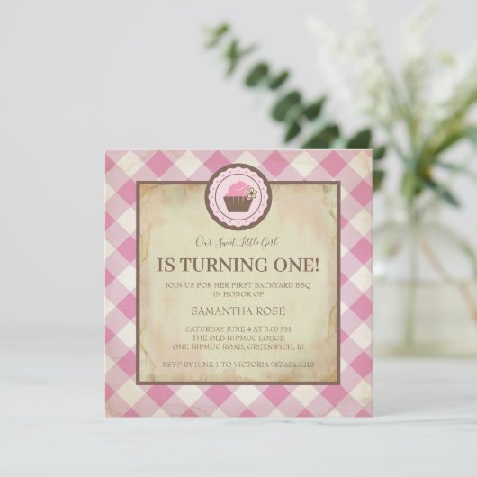ピンク市松模様にとカップケーキ誕生日BBQ 招待状 (スタンド正面)