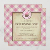 ピンク市松模様にとカップケーキ誕生日BBQ 招待状 (正面/裏面)