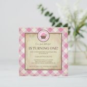 ピンク市松模様にとカップケーキ誕生日BBQ 招待状 (スタンド正面)