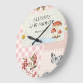 ピンク市松模様にとフローラアクセントとカスタム令状 ラージ壁時計 (傾斜)
