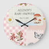 ピンク市松模様にとフローラアクセントとカスタム令状 ラージ壁時計 (正面)