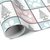 ピンク市松模様にとブルーの前足がクリスマスツリーをプリント ラッピングペーパー (ロールコーナー)