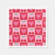 ピンク市松模様にのハートのパターンを持つさくらんぼ