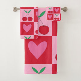 ピンク市松模様にのハートのパターンを持つさくらんぼ バスタオルセット