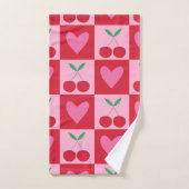 ピンク市松模様にのハートのパターンを持つさくらんぼ バスタオルセット (ハンドタオル)