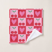 ピンク市松模様にのハートのパターンを持つさくらんぼ バスタオルセット (ウォッシュタオル)