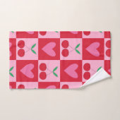 ピンク市松模様にのハートのパターンを持つさくらんぼ バスタオルセット (ハンドタオル)