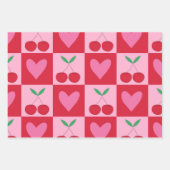 ピンク市松模様にのハートのパターンを持つさくらんぼ ラッピングペーパーシート (正面3)