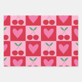ピンク市松模様にのハートのパターンを持つさくらんぼ ラッピングペーパーシート