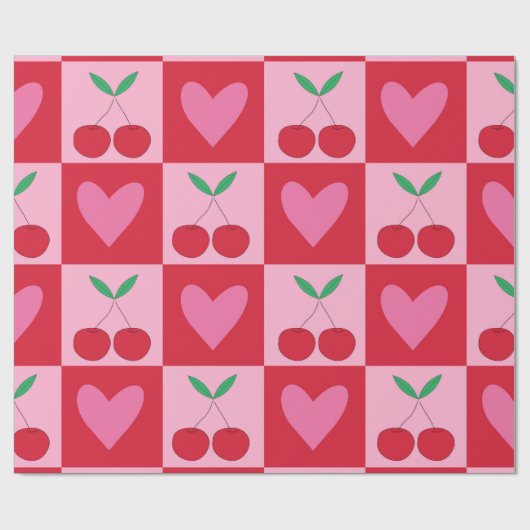 ピンク市松模様にのハートのパターンを持つさくらんぼ ラッピングペーパー (フラット)
