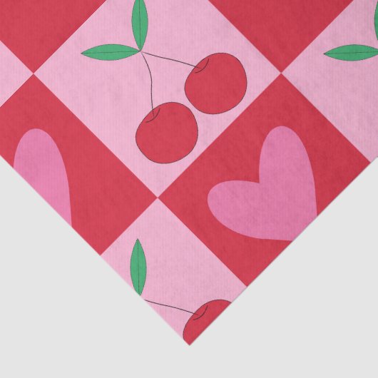 ピンク市松模様にのハートのパターンを持つさくらんぼ 薄葉紙 (詳細)