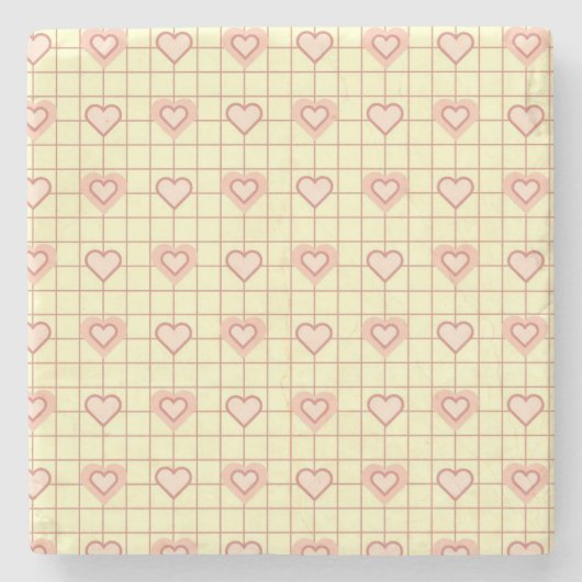 ピンク市松模様にのハートパターンバレンタインデー ストーンコースター (正面)