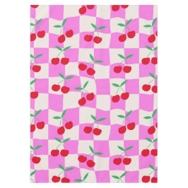 ピンク市松模様にの反ったチェッカーボード上のさくらんぼ テーブルクロス