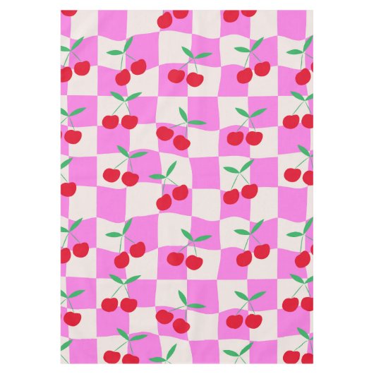 ピンク市松模様にの反ったチェッカーボード上のさくらんぼ テーブルクロス (正面)