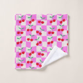 ピンク市松模様にの反ったチェッカーボード上のさくらんぼ バスタオルセット (ウォッシュタオル)