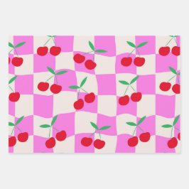 ピンク市松模様にの反ったチェッカーボード上のさくらんぼ ラッピングペーパーシート