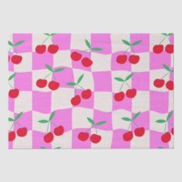 ピンク市松模様にの反ったチェッカーボード上のさくらんぼ 薄葉紙