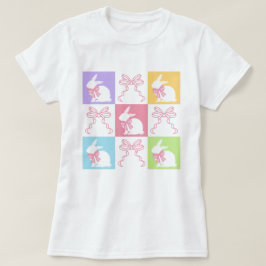 ピンク市松模様にの弓を持つイースターバニー Tシャツ
