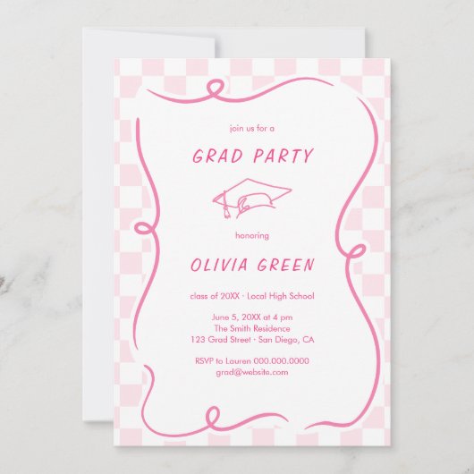 ピンク市松模様にの正方形フレームの卒業 招待状 (正面)