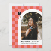 ピンク市松模様にアーチ写真卒業発表 案内状 (正面)