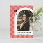 ピンク市松模様にアーチ写真卒業発表 案内状 (スタンド正面)