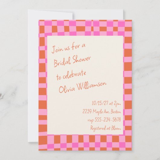 ピンク市松模様にオレンジスクリプトおもしろいブライダルシャワー 招待状 (正面)