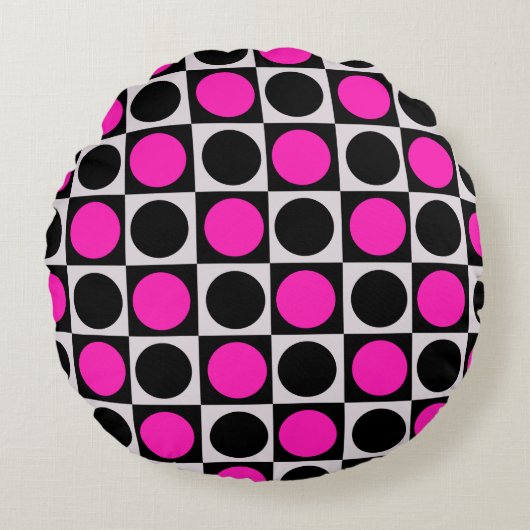 ピンク市松模様にクブラックサークルパターンデザイン ラウンドクッション (正面)
