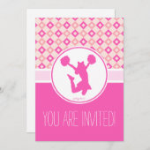 ピンク市松模様にダイヤモンド応援/Pomパーティの招待状 招待状 (正面/裏面)
