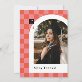 ピンク市松模様にフォト卒業サンキューカード 案内状