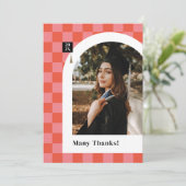 ピンク市松模様にフォト卒業サンキューカード 案内状 (スタンド正面)