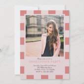 ピンク市松模様にレトロアークラシックチ写真卒業 招待状 (裏面)