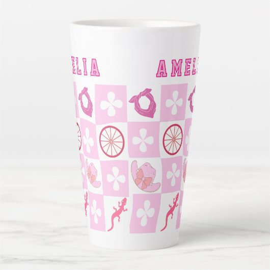 ピンク市松模様に女性のカーボーイ カフェラテマグ (正面)